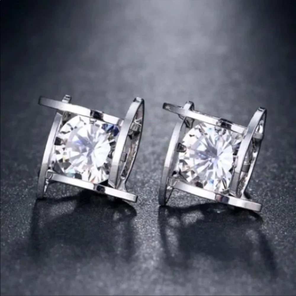 NEW STERLING SILVER 3D CAGE DIAMOND STUD EARRINGS - Picture 4 of 6